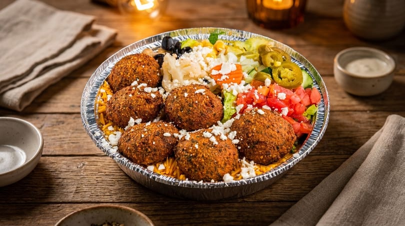 Falafel platter with rice, salad, and feta cheese in a foil container on a wooden table.