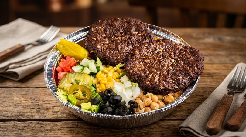 Two seasoned burger patties in a foil bowl with corn, chickpeas, olives, and chopped vegetables.